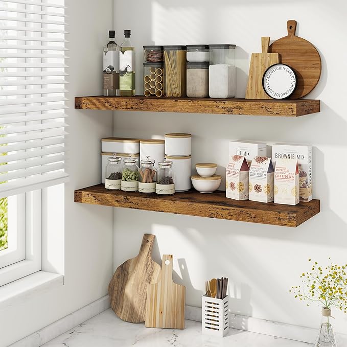 Fun Memories 9.3Inch Deep Floating Shelves for Wall, 32 Inch Rustic Wood Wall Mounted Shelves for Bathroom, Bedroom, Kitchen, Deep Floating Shelf for Storage & Home Decor (Brown, Set of 2)
