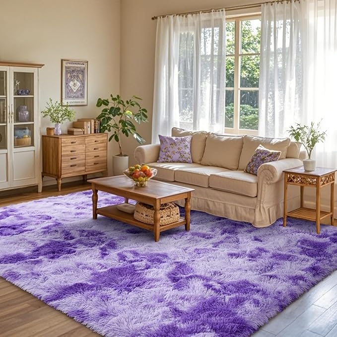 Purple White Rug Fluffy 4x6 Bedroom Rugs Girls,Plush Soft Fuzzy Area Carpet Non Slip for Living Room Nursery Kids Girlie Elegant Home Decor Aesthetic