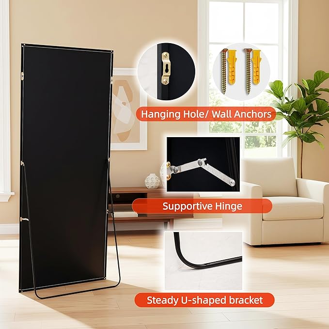 Full Length Mirror 56"x21" Black Rectangle Floor Mirror with Stand, Aluminum Alloy Frame Tempered Glass Full Body Mirror, Wall Mountable Standing for Bedroom Bathroom Living Room Entryway
