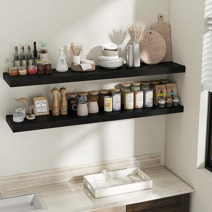 Fun Memories 12 Inch Deep Floating Shelves, 60 Inch Long Extra Large Floating Shelves for Home & Office, Wall Shelves with Invisible Bracket, Black, Set of 2