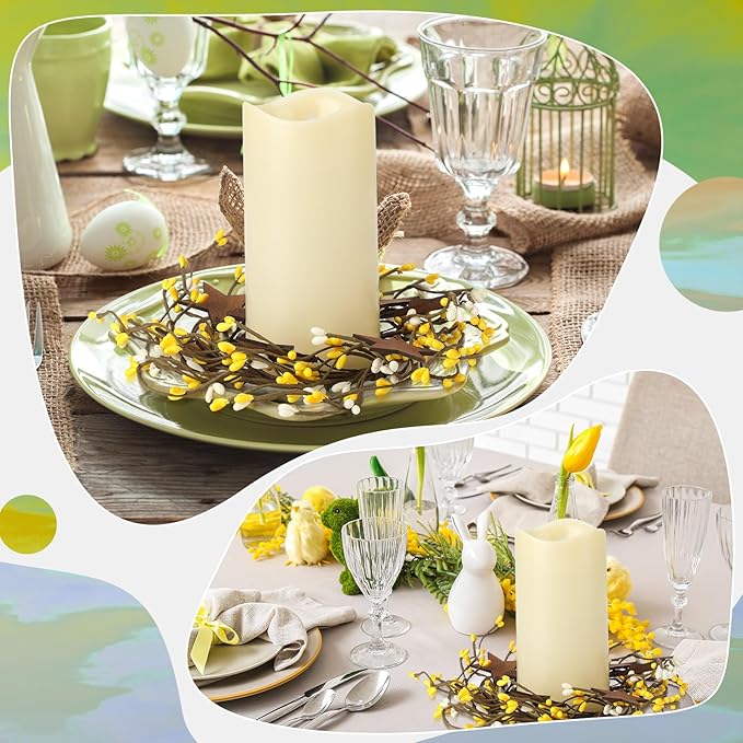 Daifunli 2 Pcs Spring Country Primitive Yellow Pip Berry with Rusty Tin Stars Candle Ring Vintage Pip Berries Wreaths for Pillar 3.9 Inch Candles Holder for Spring Easter Rustic Table Centerpiece Deco