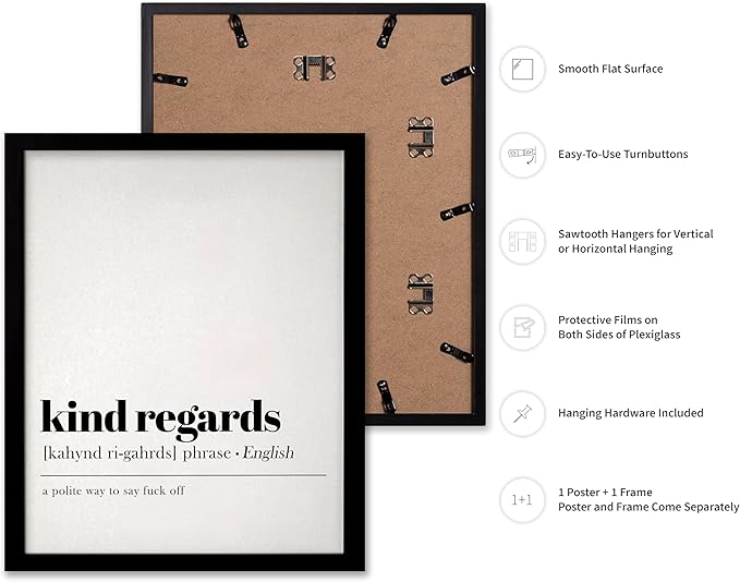 Poster Master Typography Poster - Dictionary Print - Kind Regards Definition, Polite Way to Say Fuck Off, Funny - Gift for Colleague, Friend - Wall Decor for Home, Office, 11x14 Black Framed