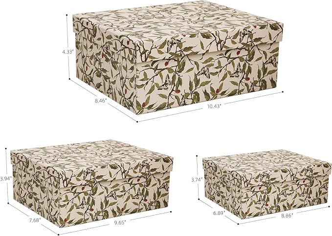 3-Piece Decorative Storage Boxes with Lids, Botanical Leaf & Butterfly Design, Vintage-Inspired Paperboard Keepsake Box Set for Photos, Memories & Decorative Storage