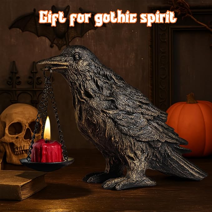 Gothic Crow Lamp with Tealight Candle Holder Resin Raven Decor Statue Gothic Home Decor for Bedroom Unique Goth Gifts Half Gold 2P