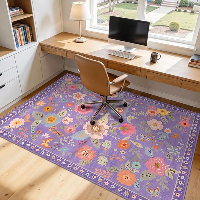 RELEANY Floral Nursery 7x9 Area Rugs Washable Print Boho Cute Carpet Non Slip Flower Low Pile for Living Room Kids Girls Playroom Bedroom Kitchen Office Farmhouse-Purple/Pink/Multi