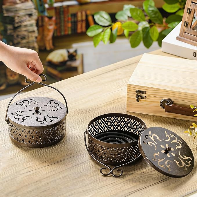 Lallisa 2 Pieces Incense Coil Holder Mosquito Coil Holder Retro Portable Round Metal Hanging Incense Burner Holders with Handle for Home Indoor Outdoor Camping Patio (Black)
