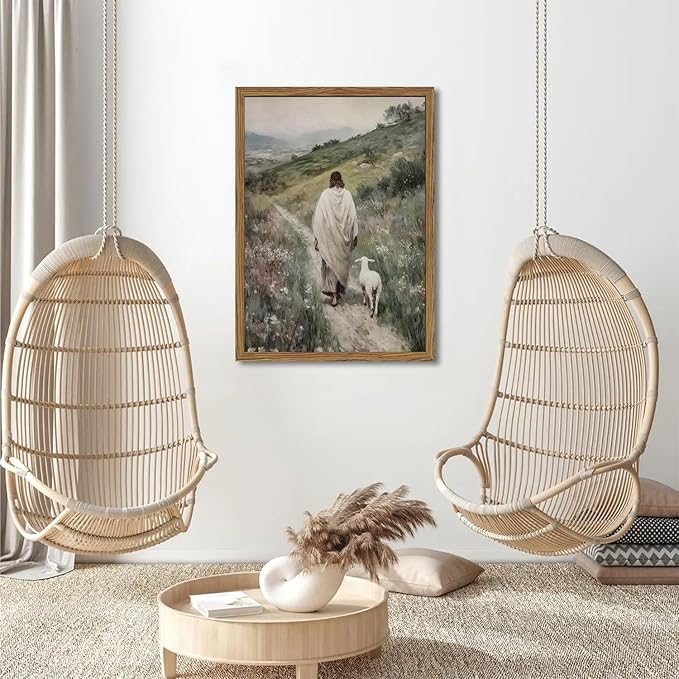 Jesus and Lamb Wall Art 3D Textured Hand Drawn Sandstone Lost Lamb Wall Decor, Jesus Leaves the 99 Sheep Christian Paintings Artwork for Living Prayer Room Bedroom 24x36 inch Wood Framed