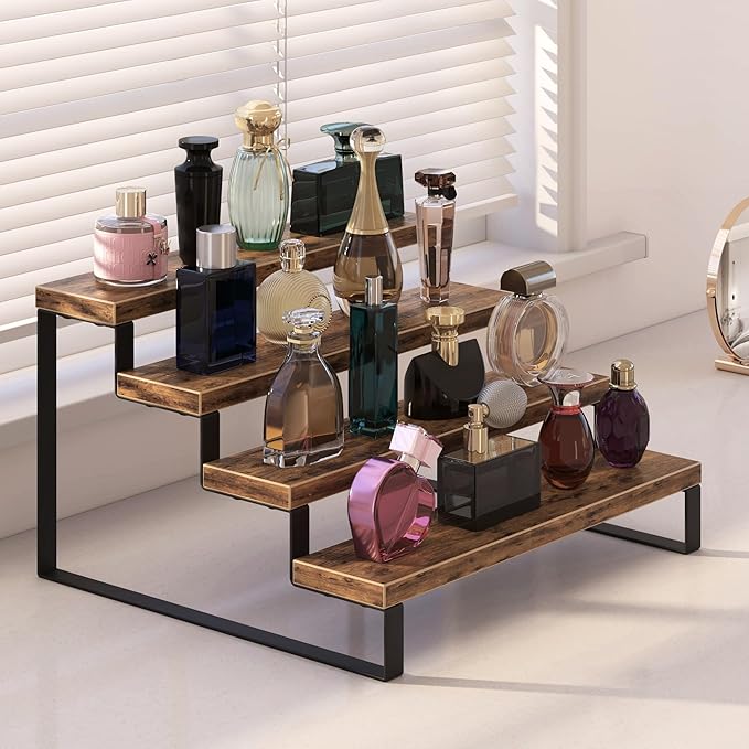 Wood Display Risers, 4 Tier 13.4IN Perfume Organizer Shelf with Metal Legs, Large Wooden Cupcake Stand Holder, Display Shelf Stand for Figures, Party, Makeup, Dessert Shelves for Party, Rustic Brown