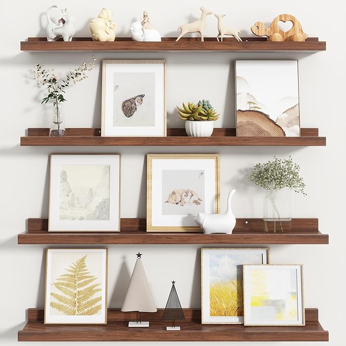 Fun Memories Picture Ledge Shelf, Floating Shelves Set of 4, 32 Inch Picture Shelves for Wall with Ledge, Large Nursery Book Shelf for Toys Storage, Living Room, Bedroom Decor Frames, Walnut