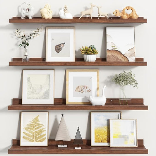 Fun Memories Picture Ledge Shelf, Floating Shelves Set of 4, 32 Inch Picture Shelves for Wall with Ledge, Large Nursery Book Shelf for Toys Storage, Living Room, Bedroom Decor Frames, Walnut