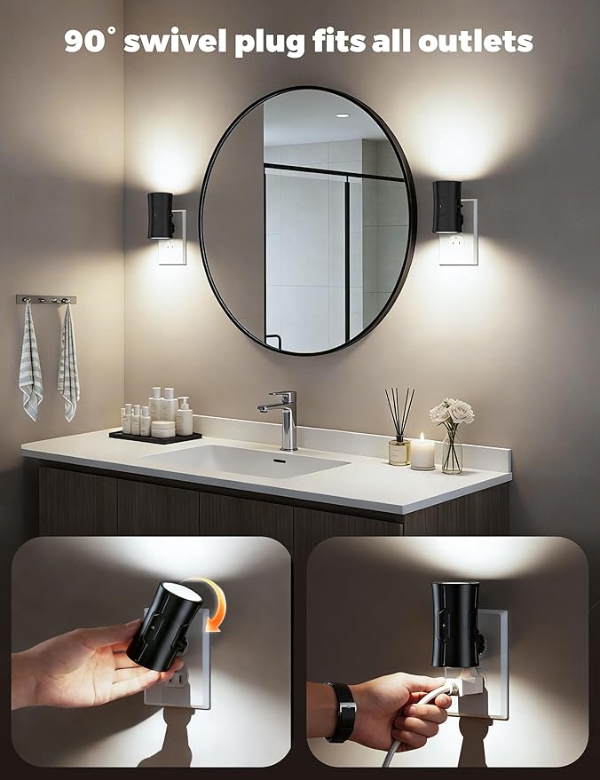 fesnne Night Light, 2-Pack Dimmable Plug-in Night Light with Auto On/Off & 90°Rotatable Plug, 0-100LM Adjustable Brightness,1W Ultra Low Energy for Bedroom, Hallway, Bathroom, Kids Room, White