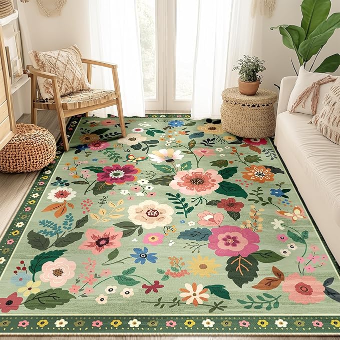 RELEANY Floral Nursery 5x7 Area Rugs Washable Print Boho Cute Carpet Non Slip Flower Low Pile for Living Room Kids Girls Playroom Bedroom Kitchen Office Farmhouse-Light Green