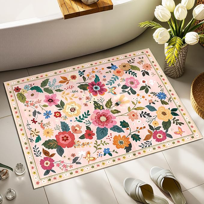 RELEANY Floral Nursery 2x3 Area Rugs Washable Print Boho Cute Carpet Non Slip Flower Low Pile for Living Room Kids Girls Playroom Bedroom Kitchen Office Farmhouse-Pink