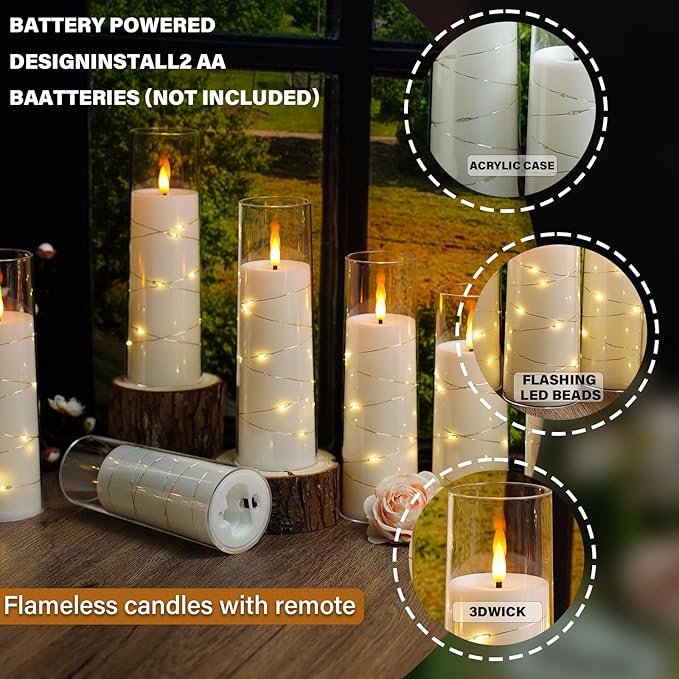 Nimiko Flickering Flameless LED Candles,Battery Operated Candles 24 Pcs with Embedded Star String,Acrylic LED Pillar Candles with Remote,Suitable for Home Decoration to Create an Atmosphere (White)