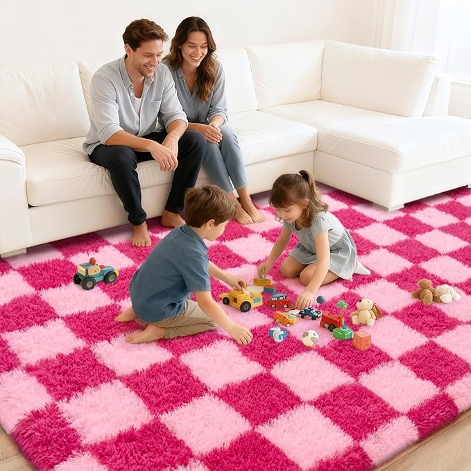 Checkered Rugs for Living Room 6x9, Ultra Soft Fluffy Rug for Bedroom, Modern Shaggy Carpets Rug for Girls Boys Room Home Indoor Nursery Teens Dorm Decor, Upgrade Non-Slip Durable, Pink and Hot Pink
