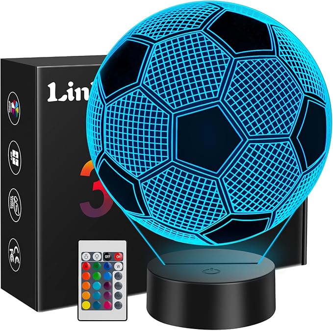 Linkax Soccer Gifts for Teens Boys Girls, Soccer Ball 3D Illusion Lamp Night Light Room Decor, 16 Colors Change 6 7 8 9 10 11 12 Year Old Boy Sports Fan Birthday Gifts