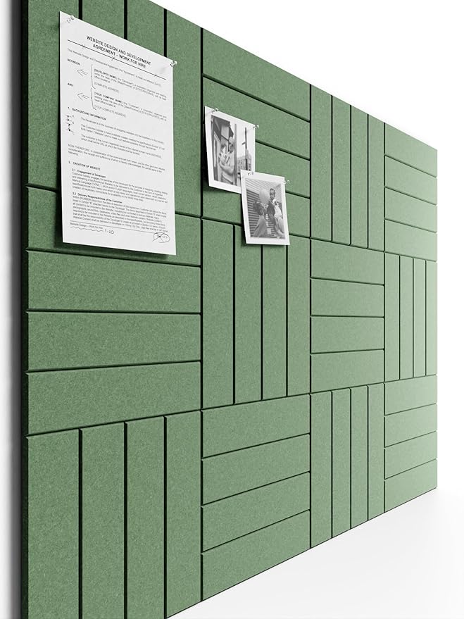Bumusty Large Cork Board Alternative-48 x 36" Felt Bulletin Board Tiles, with 30 Pushpins, 70 Adhesive Tabs, Bold-Stripe 12-Pack, Cork Boards for Office Push Pin Board Felt Board-Moss Green