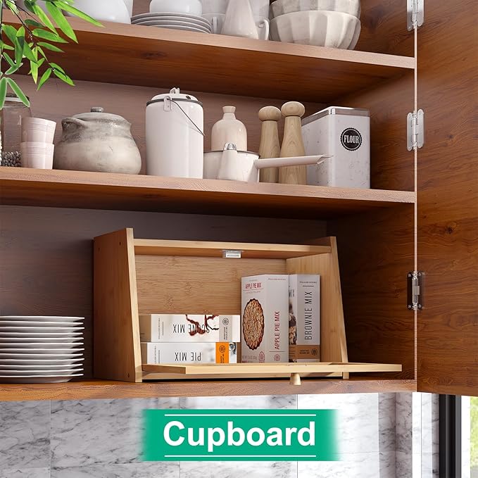 kiplant Bread Box for Kitchen Counter, Large Bamboo Bread Storage Container with Wavy Arcylic Door, Bamboo Wooden Farmhouse Bread Box for Your House (Natural, Medium)