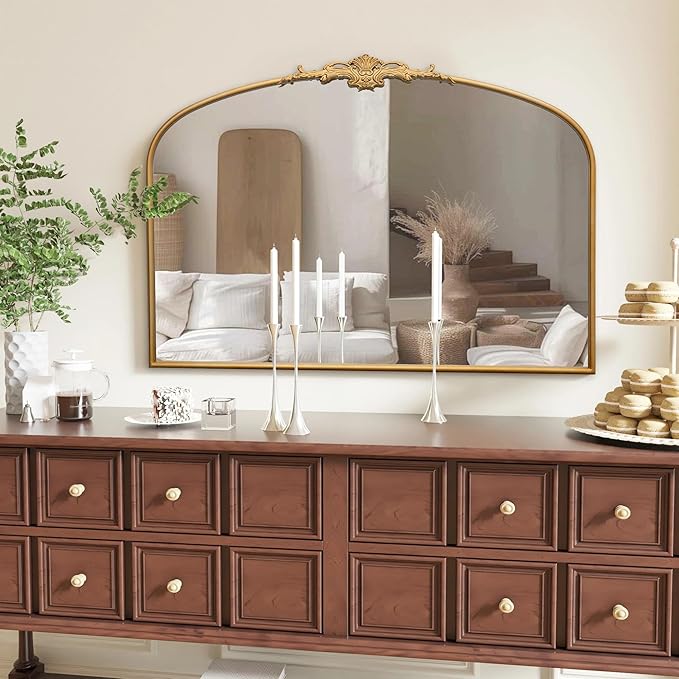 Besdomus Ornate Arched Large Mirror: 48"x33" French Oversize Vintage Vanity Wall Mounted Mirror - Baroque Decorative Traditional Antique for Fireplace/Bathroom/Living Room - Home Decor for Homemakers