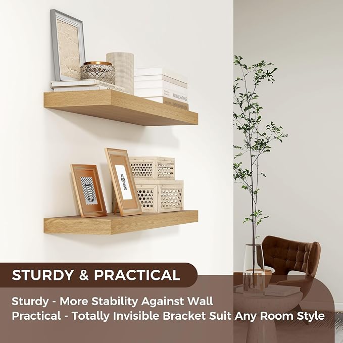 Venusmiles Floating Shelves for Wall 24 inch Long, Engineered Wood Wall Shelves with Invisible Brackets for Living Room Bedroom Bathroom Office Kitchen Decor and Storage, Oak Finish, Set of 2