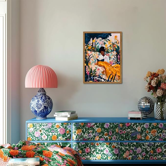 Framed Black Woman Reading Wall Art, Boho Black Girl Colorful Floral Paintings Wall Decor, African American Pictures Canvas Prints Aesthetic Home Decor for Living Room Bedroom Dorm 12x16 inch