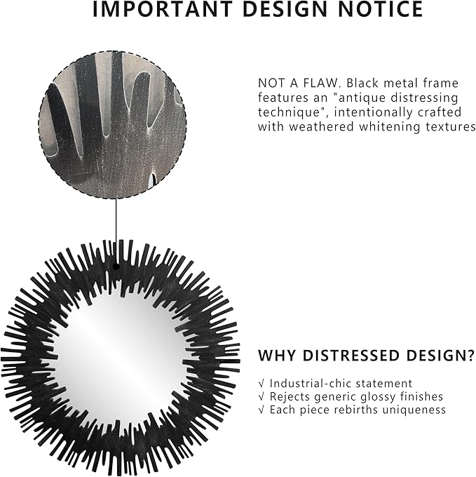 SHYFOY Sunburst Decorative Mirror Wall with Metal Frame, Large Round Decorative Mirrors Black Art Mirror for Wall Decor for Living Room Entryway Hallway Bedroom