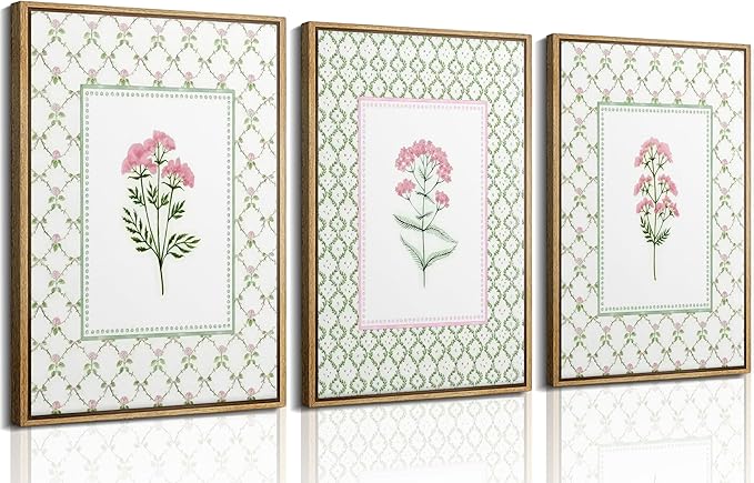 3Pcs Pink Green Floral Wall Art Wildflower Baby Room Painting Picture Wall Decor Pastel Botanical Poster Print Artwork for Bedroom Living Room Girls Bedroom Nursery Dining Room Home Decoration