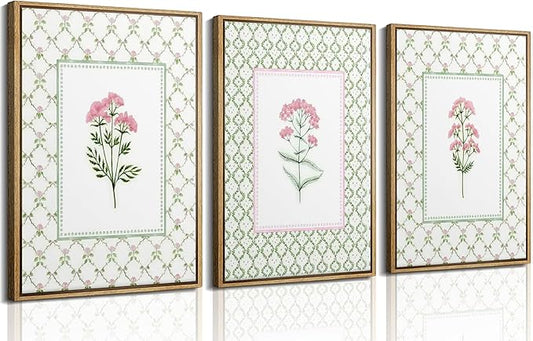 3Pcs Pink Green Floral Wall Art Wildflower Baby Room Painting Picture Wall Decor Pastel Botanical Poster Print Artwork for Bedroom Living Room Girls Bedroom Nursery Dining Room Home Decoration
