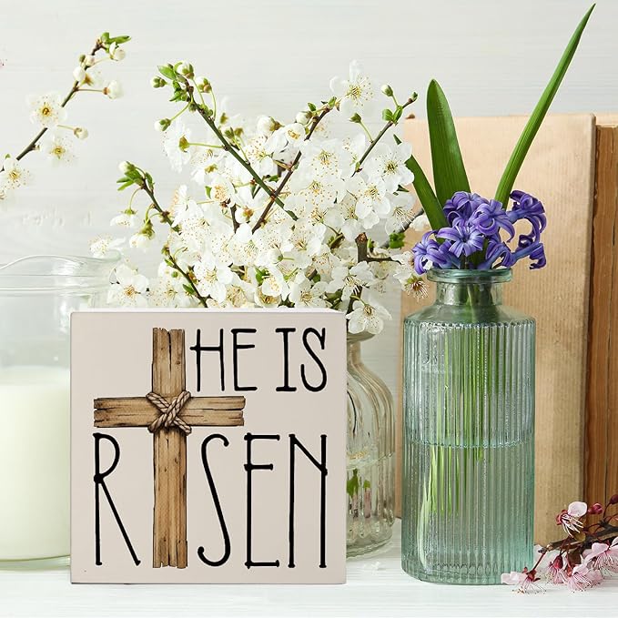 Easter Decor, He is Risen Religious Easter Wooden Box Sign, Cross Tiered Tray Decorations, Farmhouse Bunny Table Centerpiece Sign for Party Home Kitchen Dining Table Decor 5x5