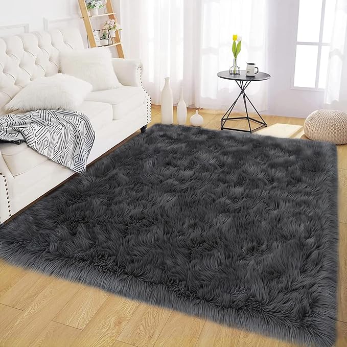 Latepis Dark Grey Faux Fur 4'x5'10" Area Rug, Soft Plush Faux Fur Sheepskin Rugs for Living Room, Washable Fluffy Fuzzy Rug for Bedroom and Living Room, Luxury Room Decor, Rectangle