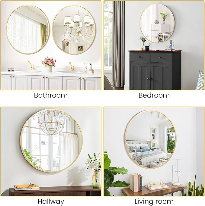 GarveeHome Round Mirror, 18 in Small Aluminum Alloy Circle Frame, High Definition Eco-Friendly Gold Round Bathroom Mirror for Over Sink, Wall Mirror for Entryway, Bathroom, Vanity