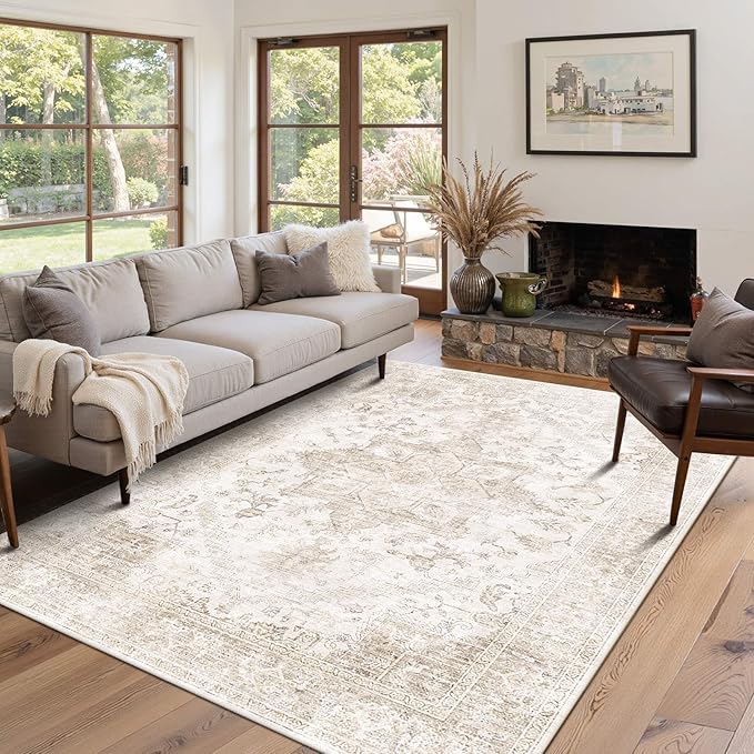 Rugxara Area Rugs 5x7, Washable Rugs for Living Room, Vintage Boho Beige Rug for Office, Dining Room, Kids Room and Farmhouse, Durable Low Pile Non-Slip Area Rug for High Traffic Areas