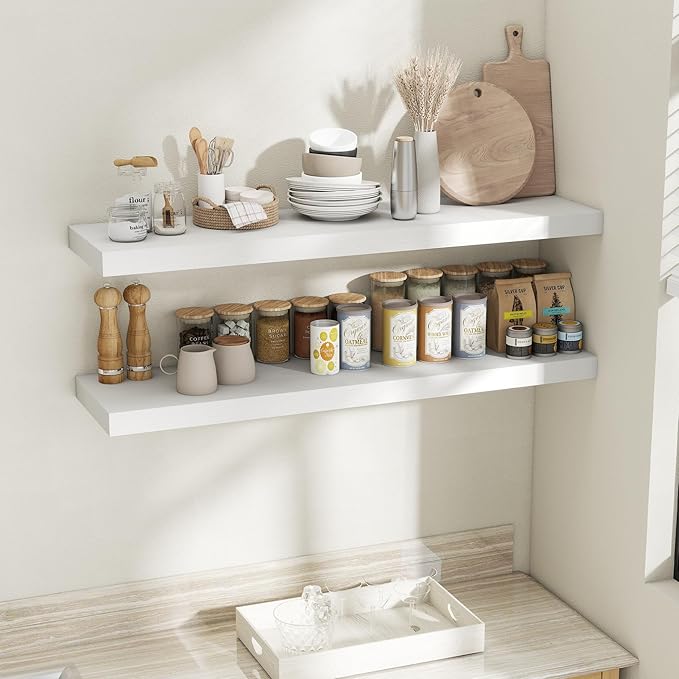 Fun Memories 12 Inch Deep Floating Shelves, 48 x 12 Floating Shelves for Wall Set of 2, Extra Deeper Hanging Wood Wall Shelves for Bedroom, Living Room, Kitchen, White