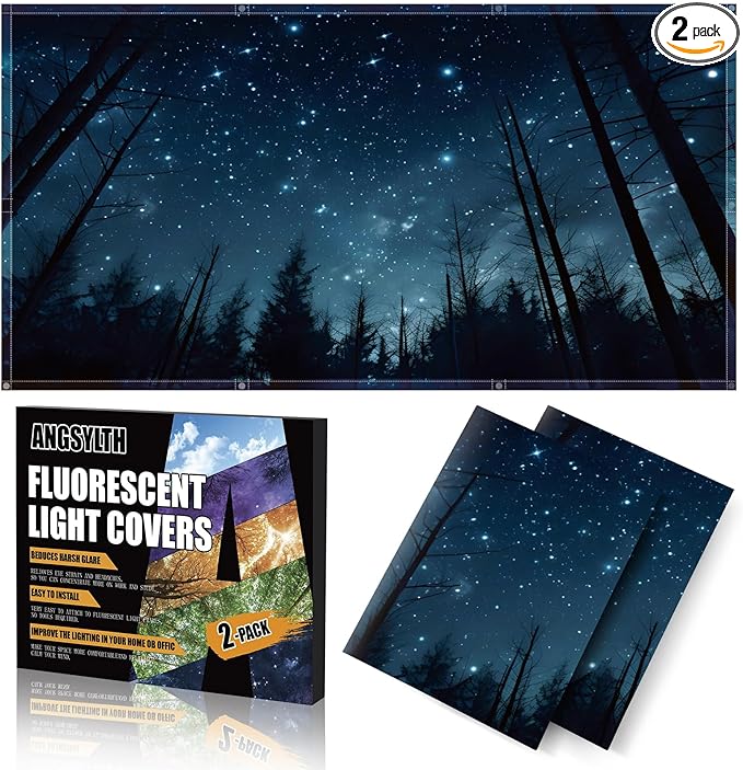 ANGSYLTH 2 Pcs Fluorescent Light Covers - 4 x 2 Feet Covers for Ceiling Lights, Magnetic Light Filters for Classroom, Office, Hospitals, Home (Forests & Starry Sky-2)