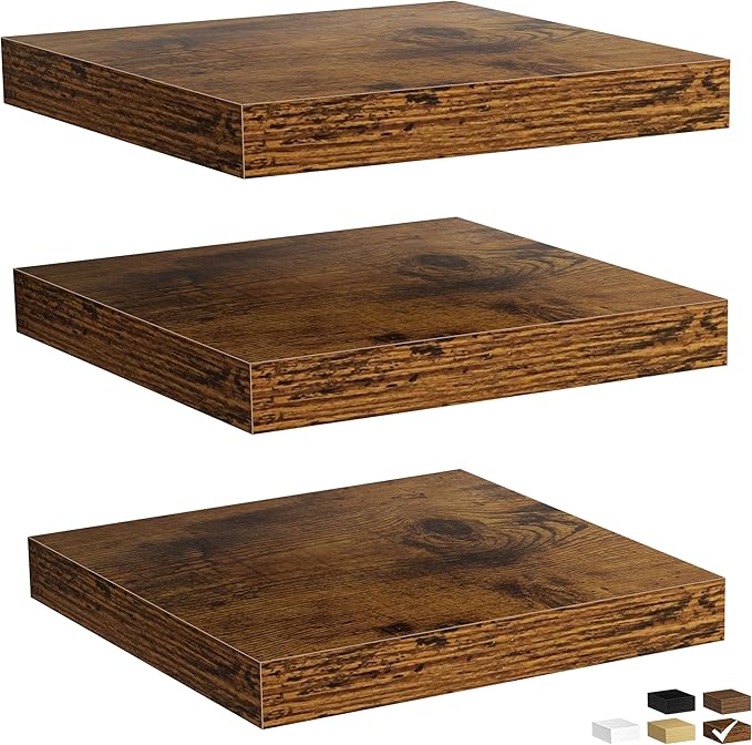 Fun Memories Floating Shelves for Wall, Rustic Wood Wall Mounted Shelves for Bathroom, Bedroom, Living Room and Kitchen, Storage & Home Decor (Set of 3, Brown, 12 in)