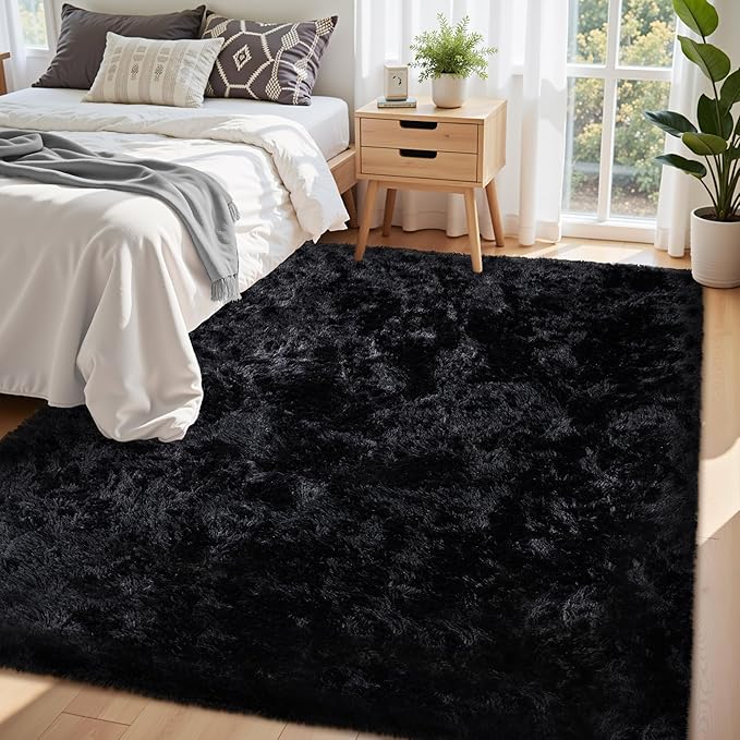 6x9 Area Rug for Living Room:Ultra Soft Fluffy Shag Black Rugs,Large Fuzzy Plush Indoor Non Slip Carpet Washable Rug for Bedroom Kids Nursery Office Dorm Modern Decor(Black 6'x9')