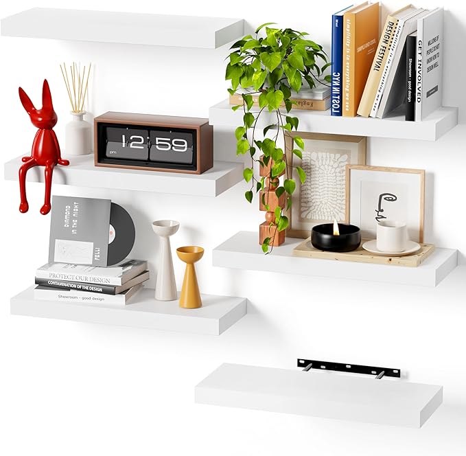 Bellsal White Engineered Wood Wall Shelf Set of 6, 16" Modern Floating Shelves for Kitchen, Living Room, Bedroom, Bathroom Storage, Book Shelf Home Decor