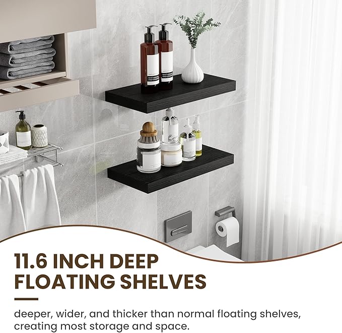 Acovy 12 Inch Deep Floating Shelves, 24 Inch Long Floating Shelves for Wall, Floating Shelf with Invisible Brackets, Deep Shelves for Bathroom, Bedroom, Living Room, 2 Pack, Black