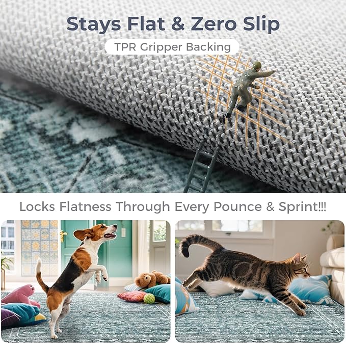 OPPODREAM Vintage Teal Area Rugs 3x5, 3 x 5 Retro Washable Rug Non Slip, Low-Pile Faux Wool Carpet, Distressed Floor Mat for Living Room, Bedroom, Kitchen, Office, Dorm, Dinning Room