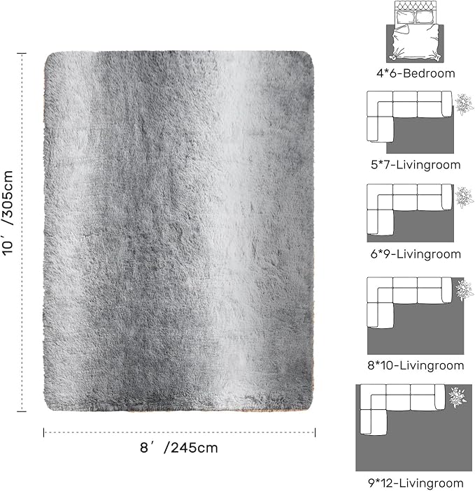 Area Rugs for Living Room 8x10 Feet, Soft Fluffy Shagg Plush Bedroom Rug Non-Slip,Large Carpet for Nursery Kids Dorm Home Decor Gradient Grey