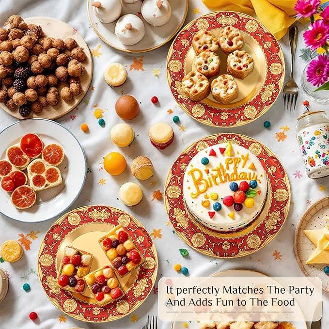 1pcs Golden Serving Tray for Party 4.8" Vintage Round Decorative Plate Tray Jewelry Makeup Organizer Dishes Bathroom Vanity Tray for Gift Wedding Coffee Table Dessert Christmas 20 cm (Red)