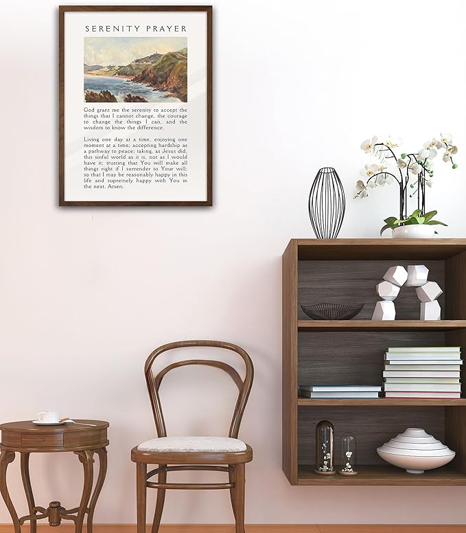 EcoHest Walnut Color OAK Wood Jesus Framed Wall Art, 12x16in Serenity Prayer Bible Verse Christian Wall Art, Modern Bedroom Religious Decor For Living Room Bathroom Christian Merch Gift 1Pack