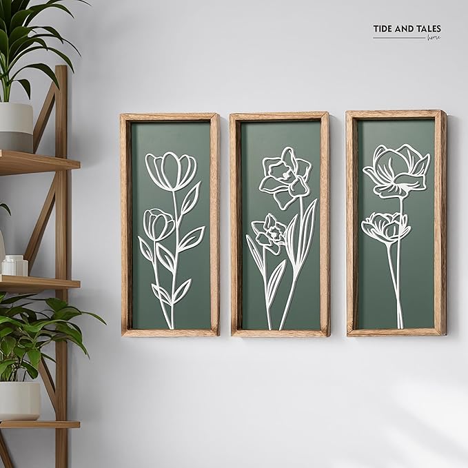 3D Floral Green Wall Art (Set of 3) Lightweight, Wooden Ready-to-Hang Boho Framed Wall Art for Bathroom, Master Bedroom, Living Room or Office - Premium Sage Green Farmhouse Decor - Gift-Boxed
