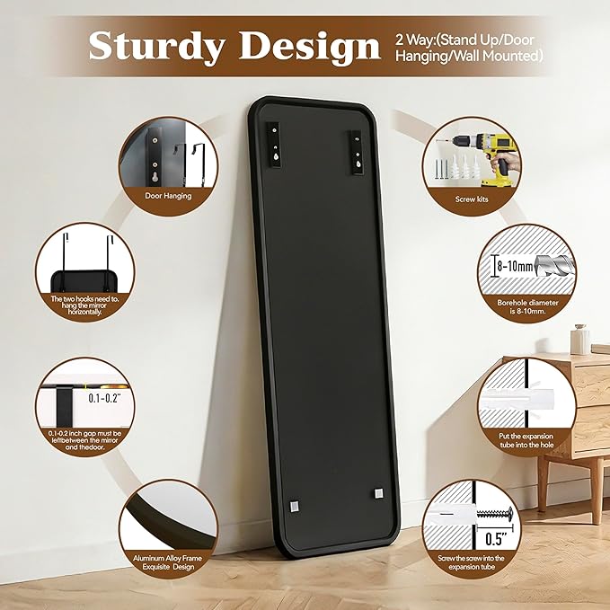 NARCISSUS 47x14 Mirror Door Hanging Full Length,Over Door or Wall Mounted Aluminum Alloy Frame Tempered Glass Rectangle Full Body Mirrors for Bedroom Dressing Living Room Bathroom 47 inch Black