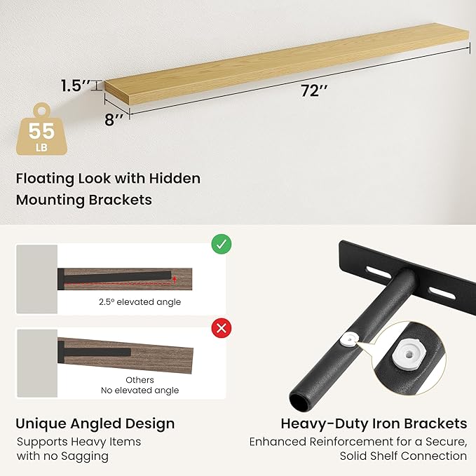 Fun Memories Rustic Wood Floating Shelves for Wall, Space-Saving Wall Mounted Shelves for Bathroom, Bedroom, Living Room and Kitchen, Stylish Storage & Display (Set of 2, Oak, 72 in)