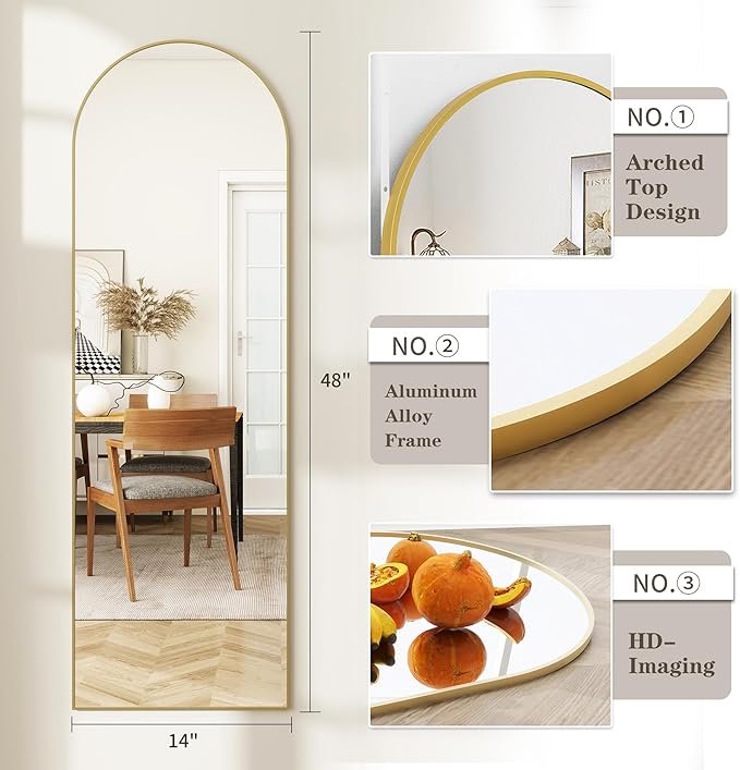 Arched Full Length Door Mirror 14x48, Metal Frame with Protective Film, No-Drilling Hanging or Wall Mount, Hooks & Hardware Included, Full Body Mirror for Bedroom, Dorm, Gold