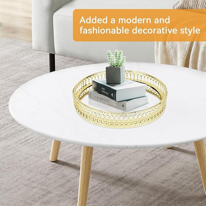 Tray Mirror, Gold Mirror Tray Decorative, Round Dresser Ornate Tray Jewelry Perfume Organizer Makeup Tray Cosmetics Storage Organizer Tray Gold Room Decor for Vanity, Dresser, Bathroom, Bedroom(01)