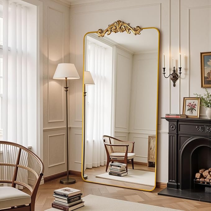 Vintage Full Length Mirror, 76"x34" Floor Mirror with Carved, Full Body Mirrors for Home Decor, Standing/Hanging Large Wall Mirrors for Bedroom/Living Room/Entryway, Gold, Retro Style