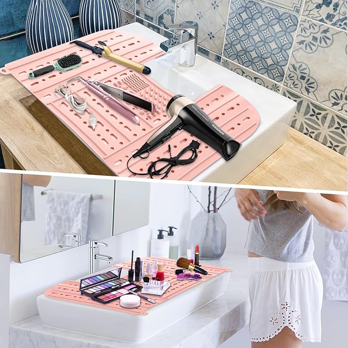 Sink Foldable Cover, Bathroom Sink Top Cover Space Saver, Silicone Makeup Organizer Mat for Over Countertop Bathroom Accessories (Pink)