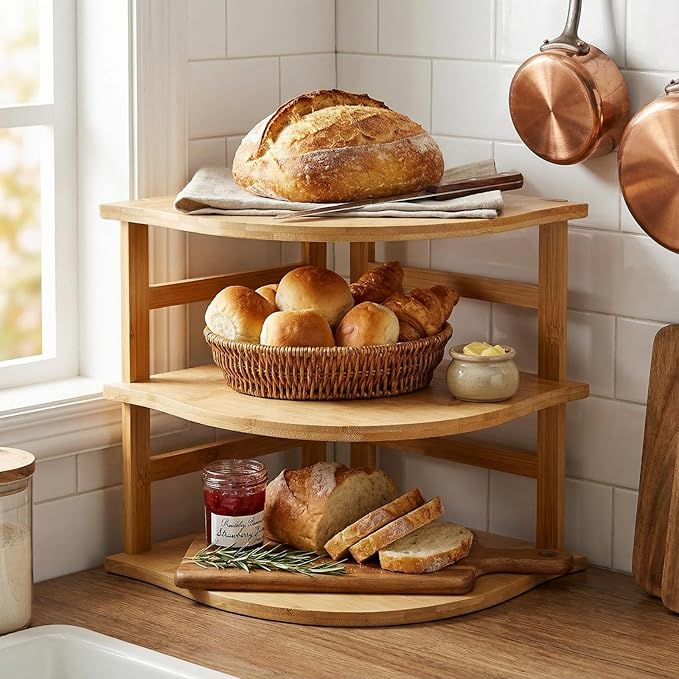 Goaste 3-Tier Bamboo Corner Shelf, Kitchen Countertop Storage Organizer, Cabinet Plate Rack for Pantry Organization, Bathroom, Desktop, 9.5 x 9.5 x 9.5 Inch